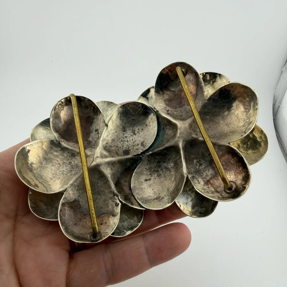 Vintage Artisan Hammered Metal 3D Flower Belt Buckle Silver Tone Statement